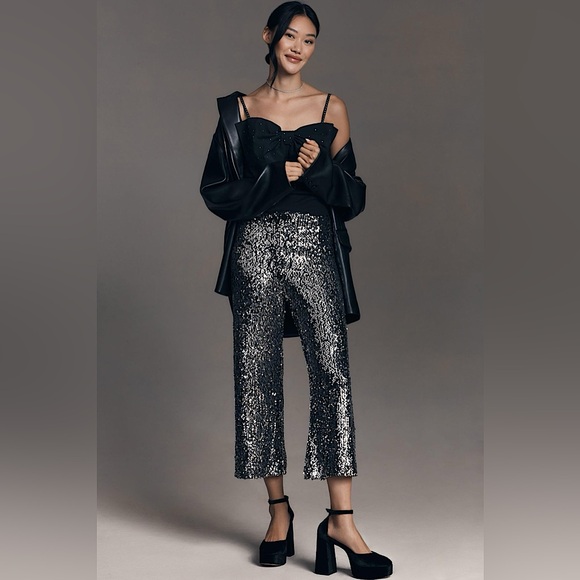 🪩Maeve Anthropologie The Colette Cropped Wide-Leg Sequin Pants in Black - Picture 1 of 8